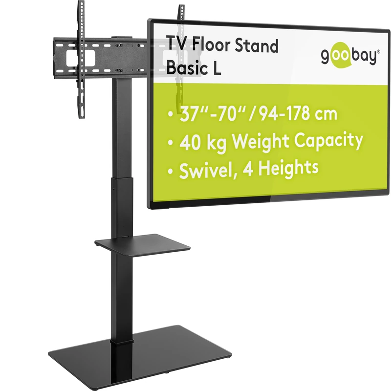 goobay TV Floor Stand 37-70 Inch Swivel 35 Degrees Height Adjustable VESA 600x400 Up to 40 kg Glass Base - 58526