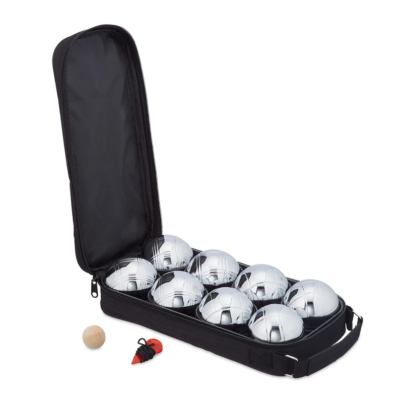 Relaxdays Boule Set, 8 Metal Balls, Includes Jackball & Measuring Tool, Canvas Bag, Bocce Game, Silver/Black