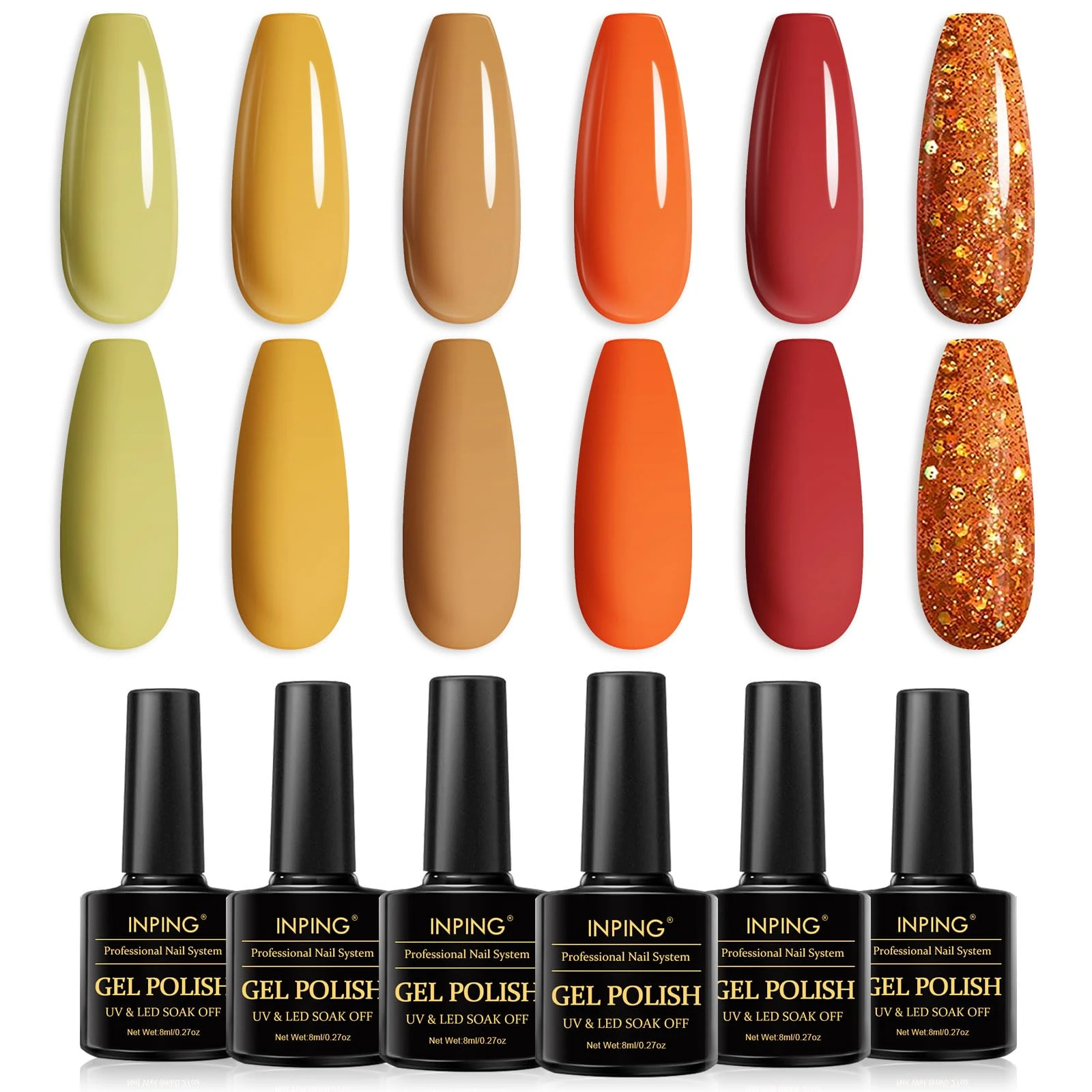 INPING Autumn Gel Nail Polish, 6 Colors Orange Red Yellow Green Glitter Fall Winter Gel Collection Soak-Off UV/LED for Women Nail Art Manicure Kit Halloween Christmas