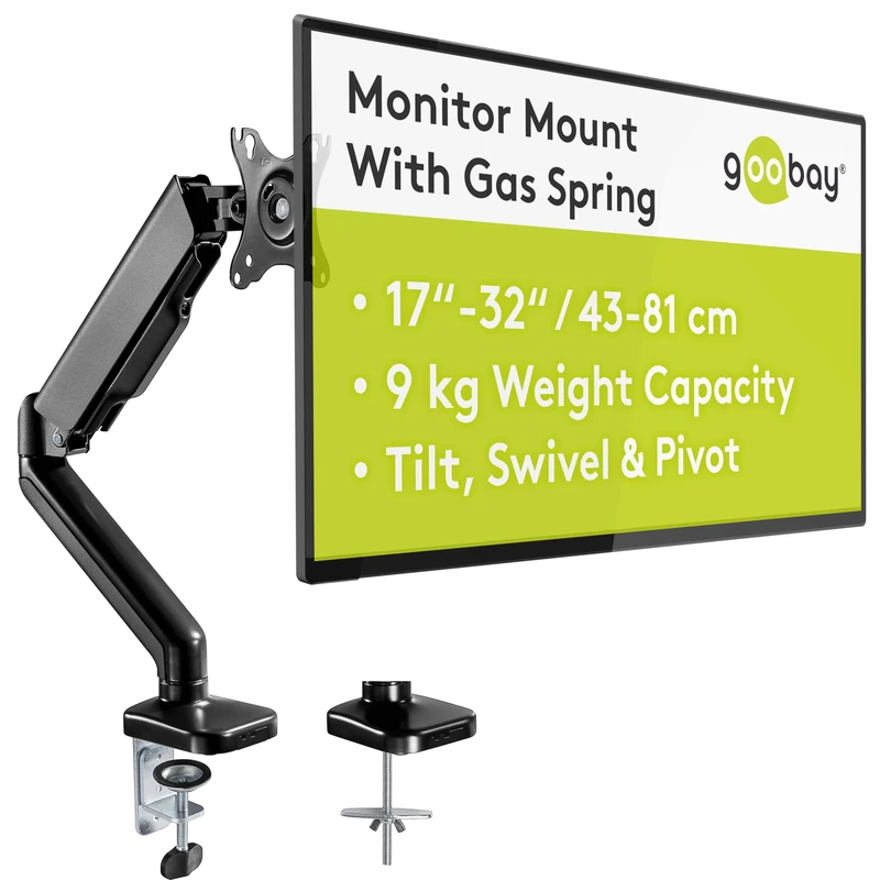 Goobay 58530 Monitor Mount with Gas Lift for 17-32 Inch Screens, Tilting & Swivelling, Tabletop Mount, VESA 75x75 & 100x100, Up to 9kg, Black