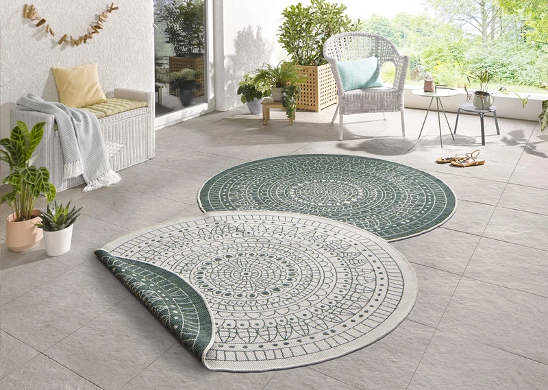 Hanse Home Northrugs Porto Indoor and Outdoor Rug Round Reversible Rug Waterproof Mandala Design Flatweave Rug Weatherproof for Balcony Patio Garden Living Room in Green Cream Diameter 240 cm