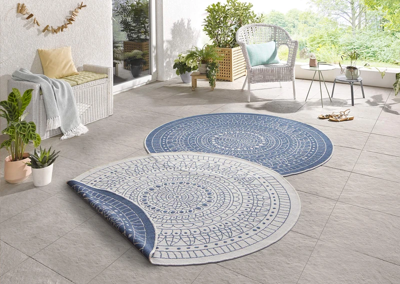 NORTHRUGS Porto Indoor and Outdoor Rug Round - Round Reversible Rug Waterproof Mandala Design Flat Weave Rug Weatherproof for Balcony, Patio, Garden, Living Room in Grey Cream, Diameter 240 cm - Image 1