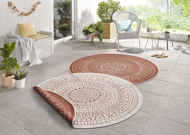 Hanse Home Northrugs Porto Indoor and Outdoor Rug Round Reversible Rug Waterproof Mandala Design Flatweave Rug Weatherproof for Balcony Patio Garden Living Room in Terra Cream Diameter 240 cm