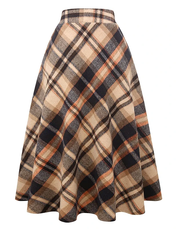 Mywinway Womens Long Wool Plaid Skirts Aline High Waisted Warm Winter Skirts, Brown, S