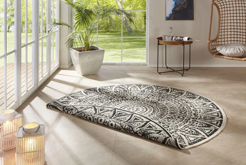 freundin Home Collection Lilja Flat Weave Indoor and Outdoor Reversible Rug Weatherproof Modern Mandala Design Rug for Balcony Patio Garden Conservatory Living Room Waterproof Diameter 240 cm