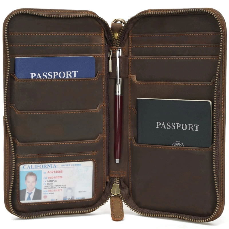 Polare Full Grain Leather Family Passport Holder Travel Wallet and Documents Organizer RFID Blocking Case Fits 6 Passports, Dark Brown, Retro