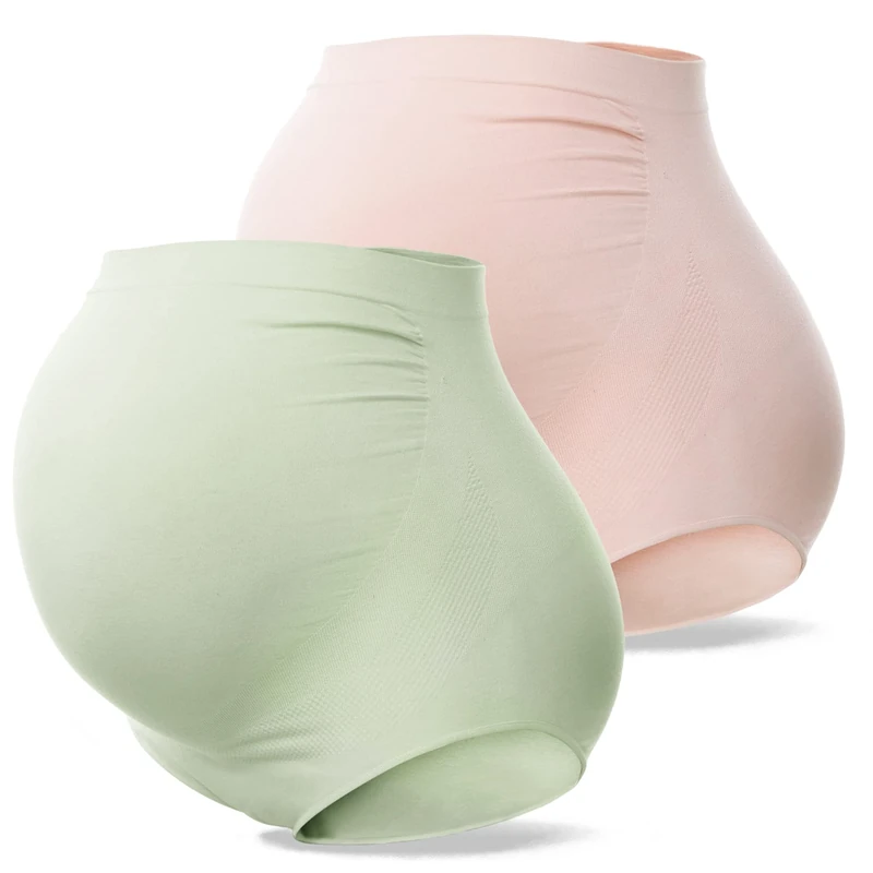 SUNNYBUY Women's Maternity High Waist Underwear Pregnancy Seamless Soft Hipster Panties Over Bump, 1green 1skin-2pack, L