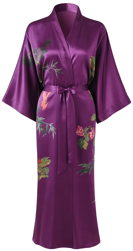 Ledamon Women's 100% Silk Kimono Long Robe - Classic Colors and Prints (Silk, Purple)
