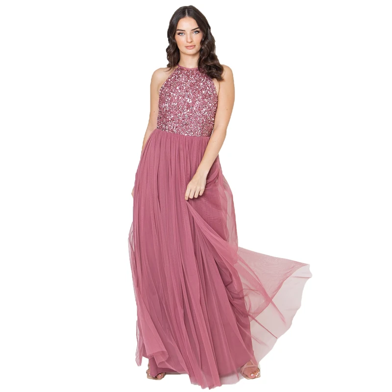 Maya Deluxe Women's Ladies Bridesmaid Maxi Dress Halter Neck Sequin Embellished Prom Graduation Wedding, Desert Rose, 26