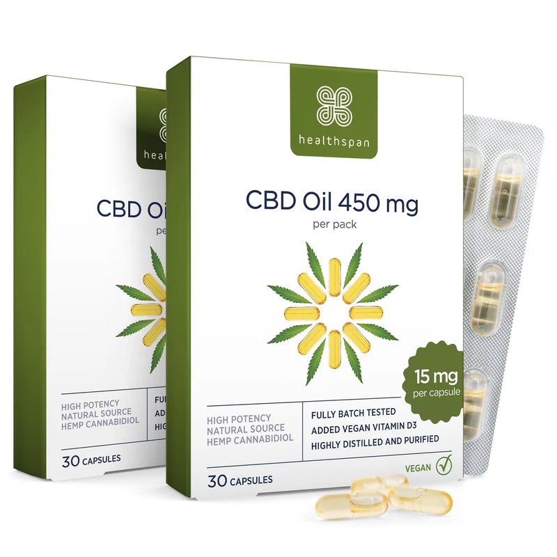 Healthspan CBD Oil Capsules 900mg (60 Capsules) | 15 mg Pure CBD Oil Capsules | for Muscle Relief | Providing a Total of 900 mg CBD | Enriched with Vitamin D