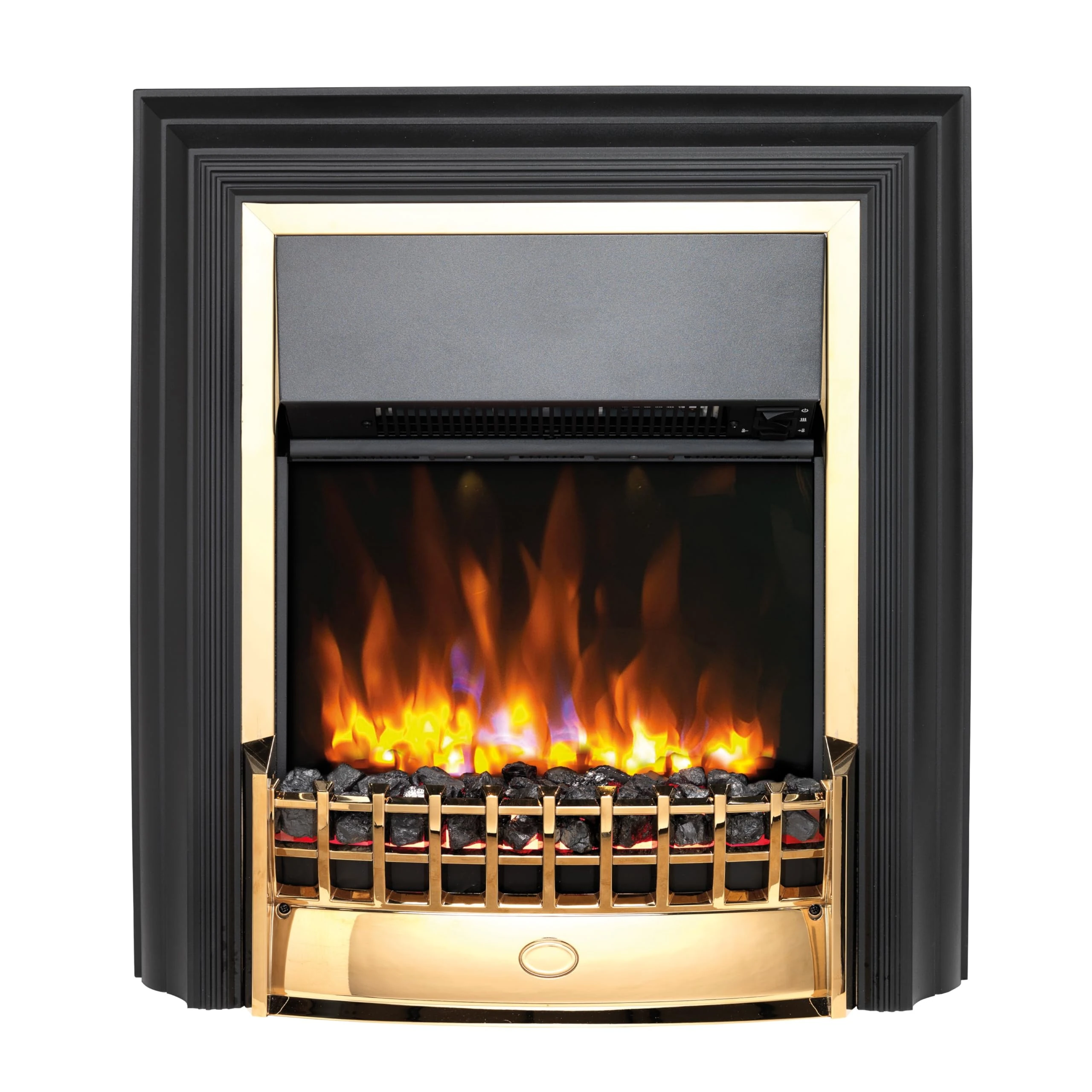 Dimplex Cheriton Deluxe Optiflame Freestanding Electric Fire, Brass and Black Free Standing LED Flame Effect Electric Fireplace with Variable Flame Brightness, Coal Fuel Bed, Adjustable 2kW Heater
