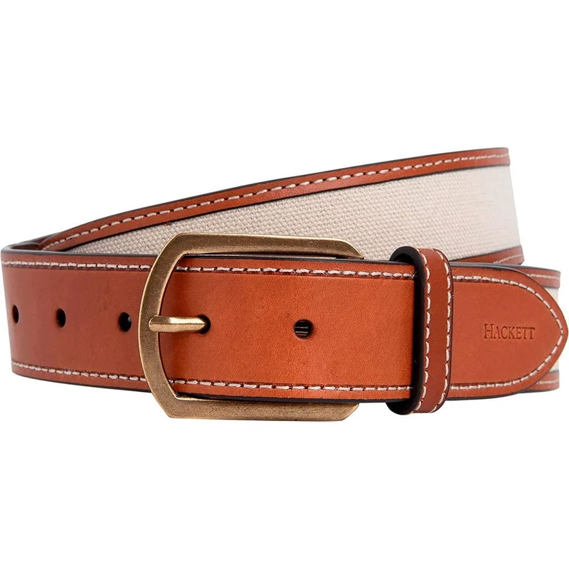 Hackett London Men's COT Canvas LTHR Bind Belt, Beige/TAN, 26