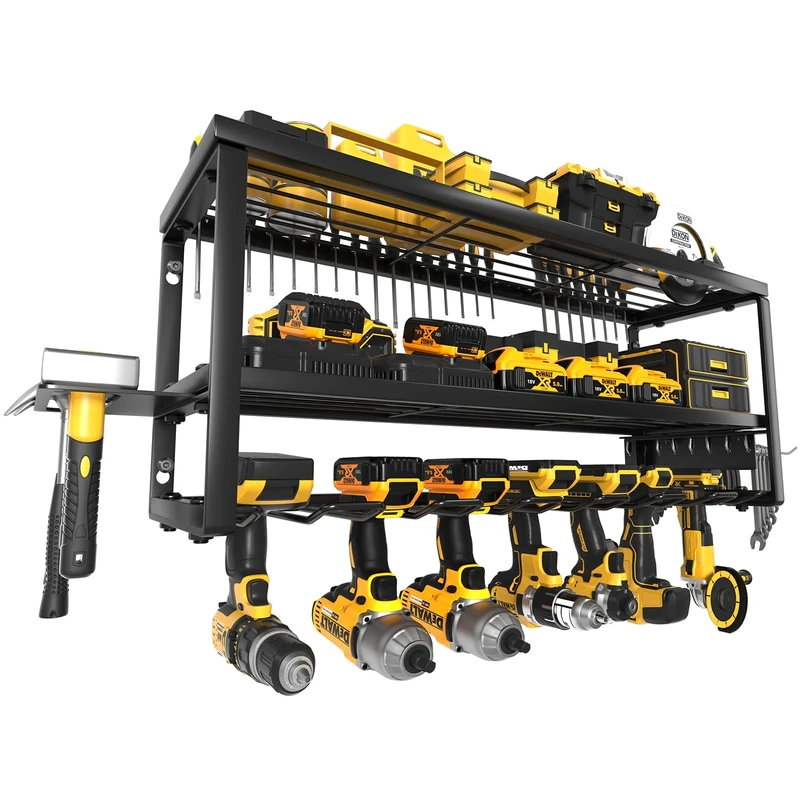 MOOMSINE Power Tool Organizer, Storage Rack for Garage Organization, Wall Mount Cordless Drill Holder and Battery Shelf, Tools Shelves with Charging Station, Heavy Duty Utility Racks - Metal - Large