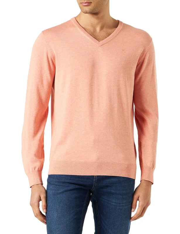 Hackett London Men's Cotton Silk V Neck Pullover Sweater, Salmon, XS