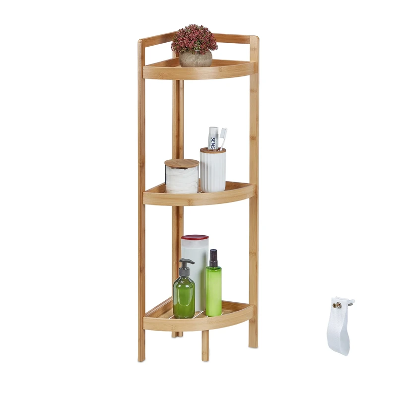 Relaxdays Corner Shelf, 3 Shelves, H x W x D: 90 x 36.5 x 26 cm, Bathroom & Kitchen, Bamboo, Natural