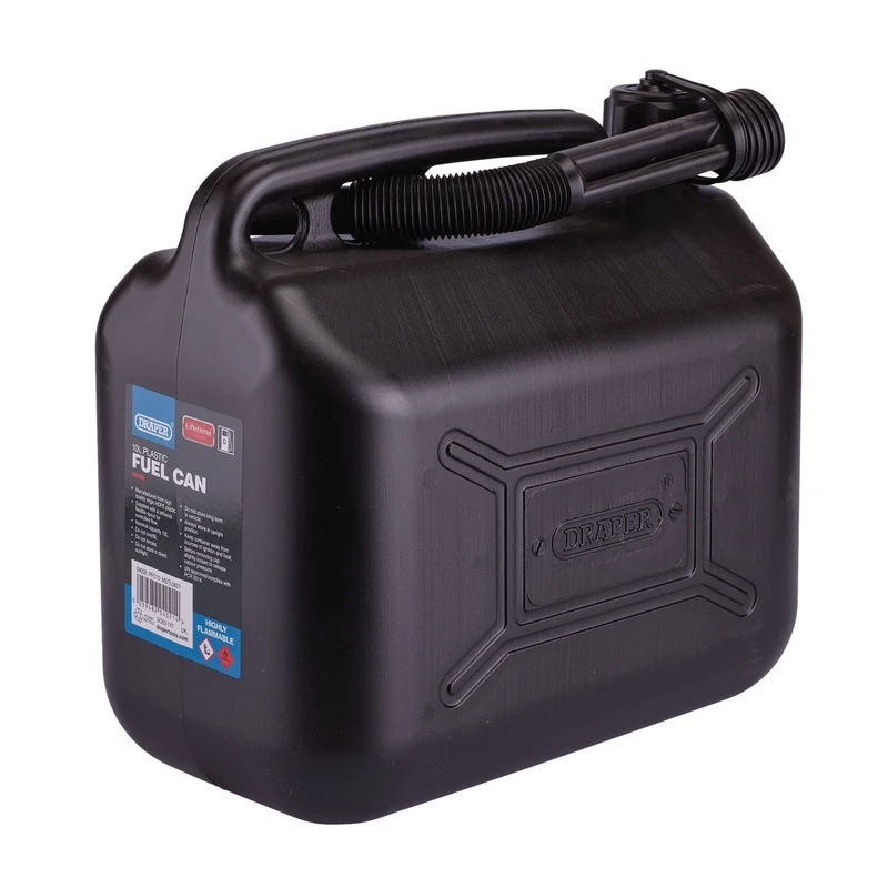 Draper 10L Plastic Petrol Can | Jerry Fuel Diesel Can | Water Container | With Flexible Spout | 09058, Black