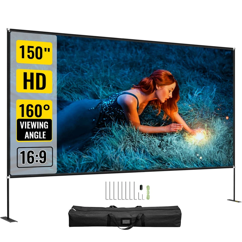 VEVOR Outdoor Movie Screen w/Stand, 150" Portable Movie Screen, 16:9 HD Wide Angle Outdoor Projector Screen, Front & Rear Projection, w/Storage Bag & Stand for Office Home Theater Outdoor Indoor Use