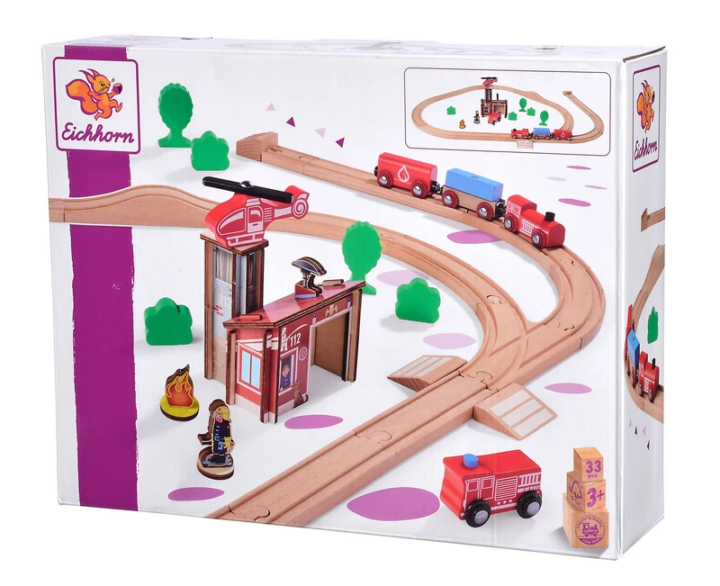 Eichhorn 100006205 100006205 Fire Brigade Set, 33 Pieces, 295 cm Track Length, FSC Certified Beech Wood, Can Be Installed with Other Rail Systems