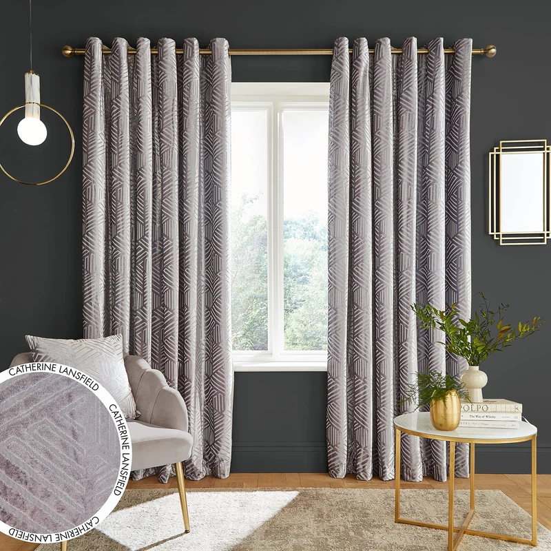Catherine Lansfield Geo Cut Velvet 90x90 Inch Eyelet Curtains Two Panels Silver Grey