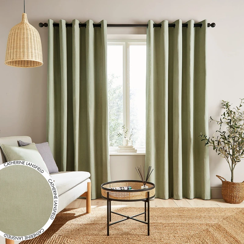 Catherine Lansfield Yarn Dyed Cotton Chambray 66x72 Inch Eyelet Curtains Two Panels Sage Green