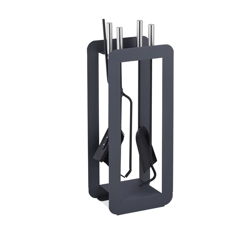 Relaxdays 5-Piece Fireplace Companion Set Steel Utility Accessories, Modern, Stand, Tongs, Shovel, Poker, Grey/Silver, 60 x 22.5 x 16 cm