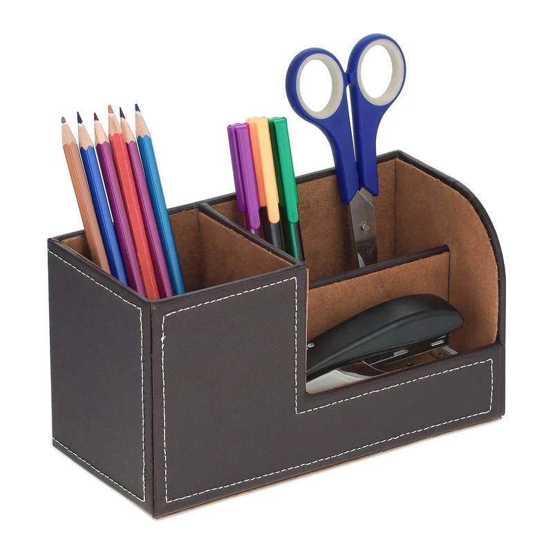 Relaxdays Desk Organiser, 3 Compartments, Imitation Leather, H x W x D: 11 x 20 x 9.5 cm, Office & Home, Brown