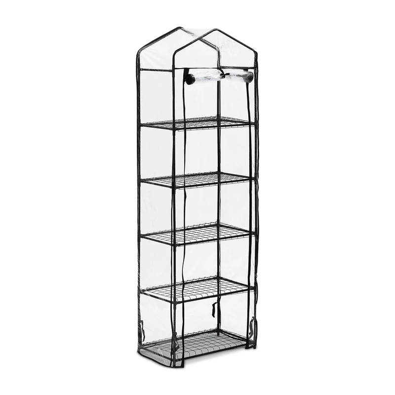 Relaxdays Greenhouse For Balcony, PVC Film, Steel, HxWxD: 193 x 58 x 36 cm, Propagator 5 Levels, Black/Transparent