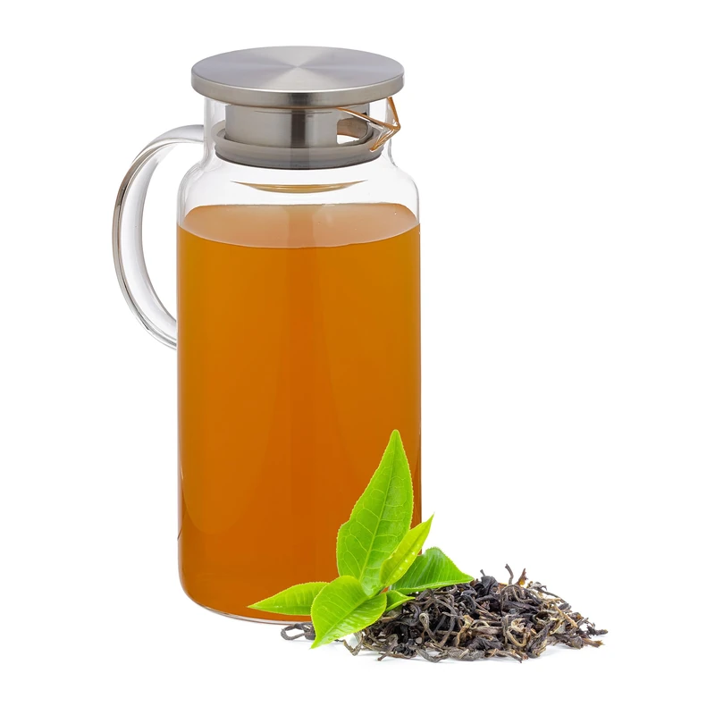 Relaxdays Glass Carafe, 1.3 L, Stainless Steel Lid, Juice & Iced Tea, Dishwasher Safe, Pitcher, Water Jug, Clear/Silver, 1300 ml