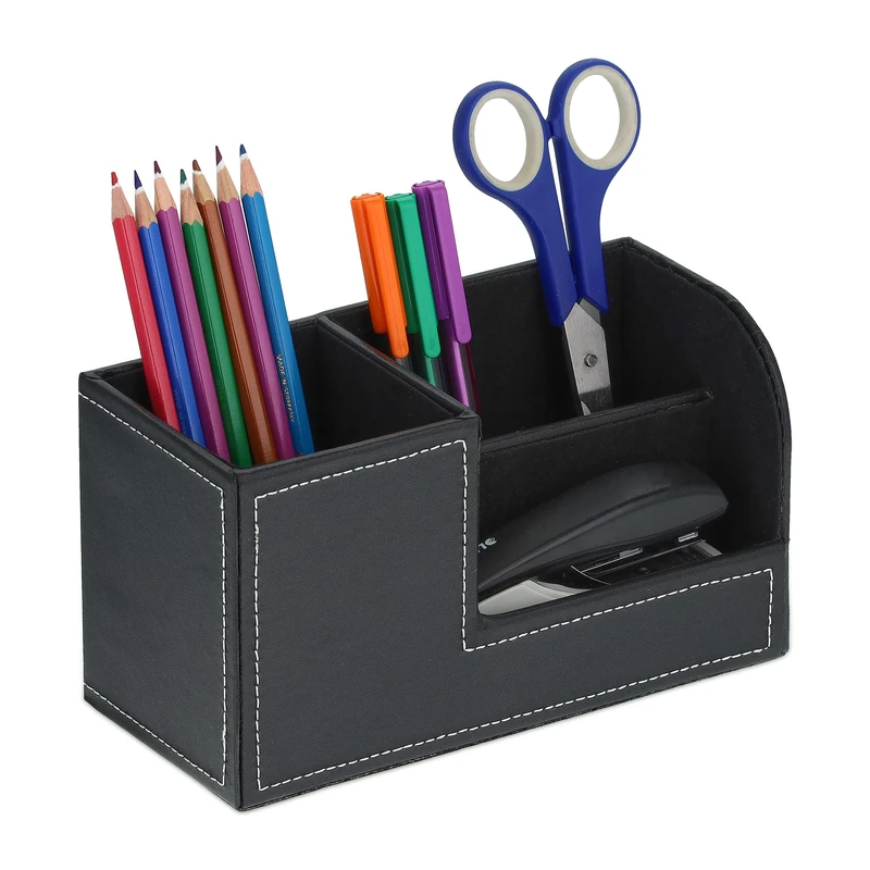 Relaxdays Desk Organiser, 3 Compartments, Imitation Leather, H x W x D: 11 x 20 x 9.5 cm, Office & Home, Black
