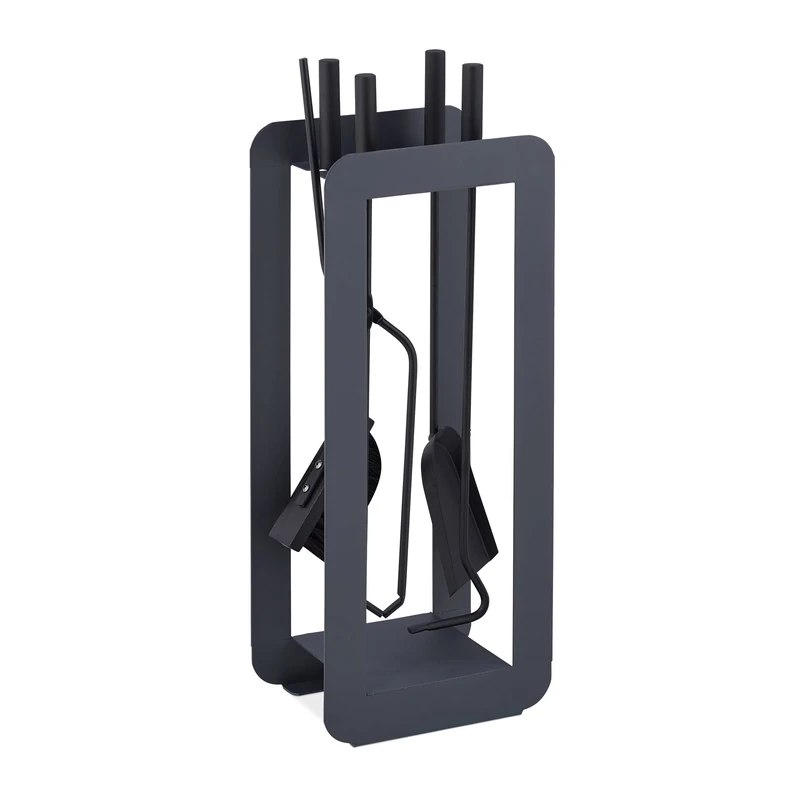 Relaxdays 5-Piece Fireplace Companion Set Steel Utility Accessories, Modern, Stand, Tongs, Shovel, Poker, Black/Grey