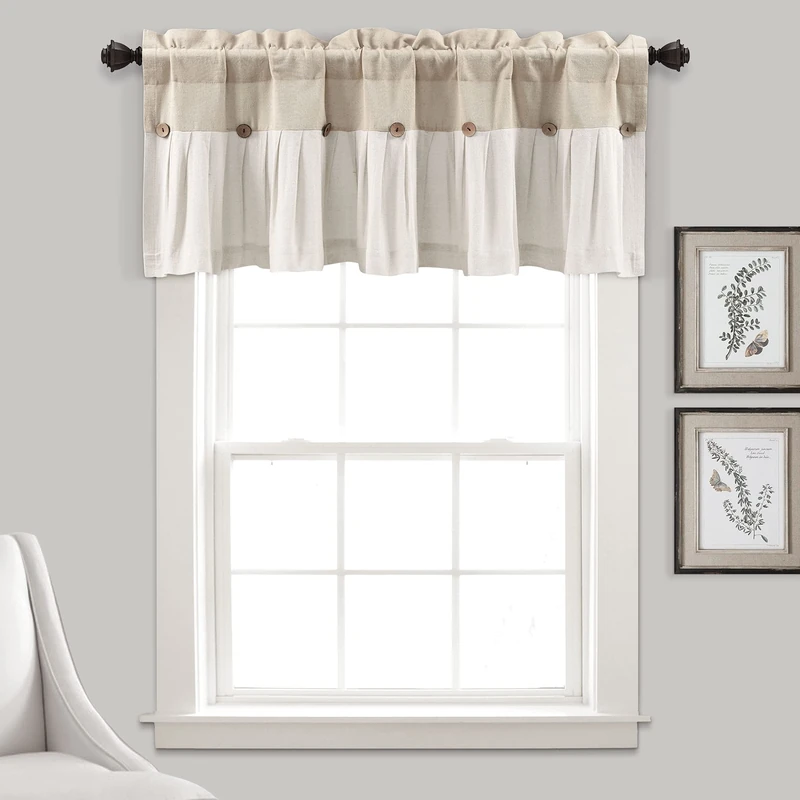 Lush Decor Linen Button Farmhouse Valance, 18" L x 84" W, Linen