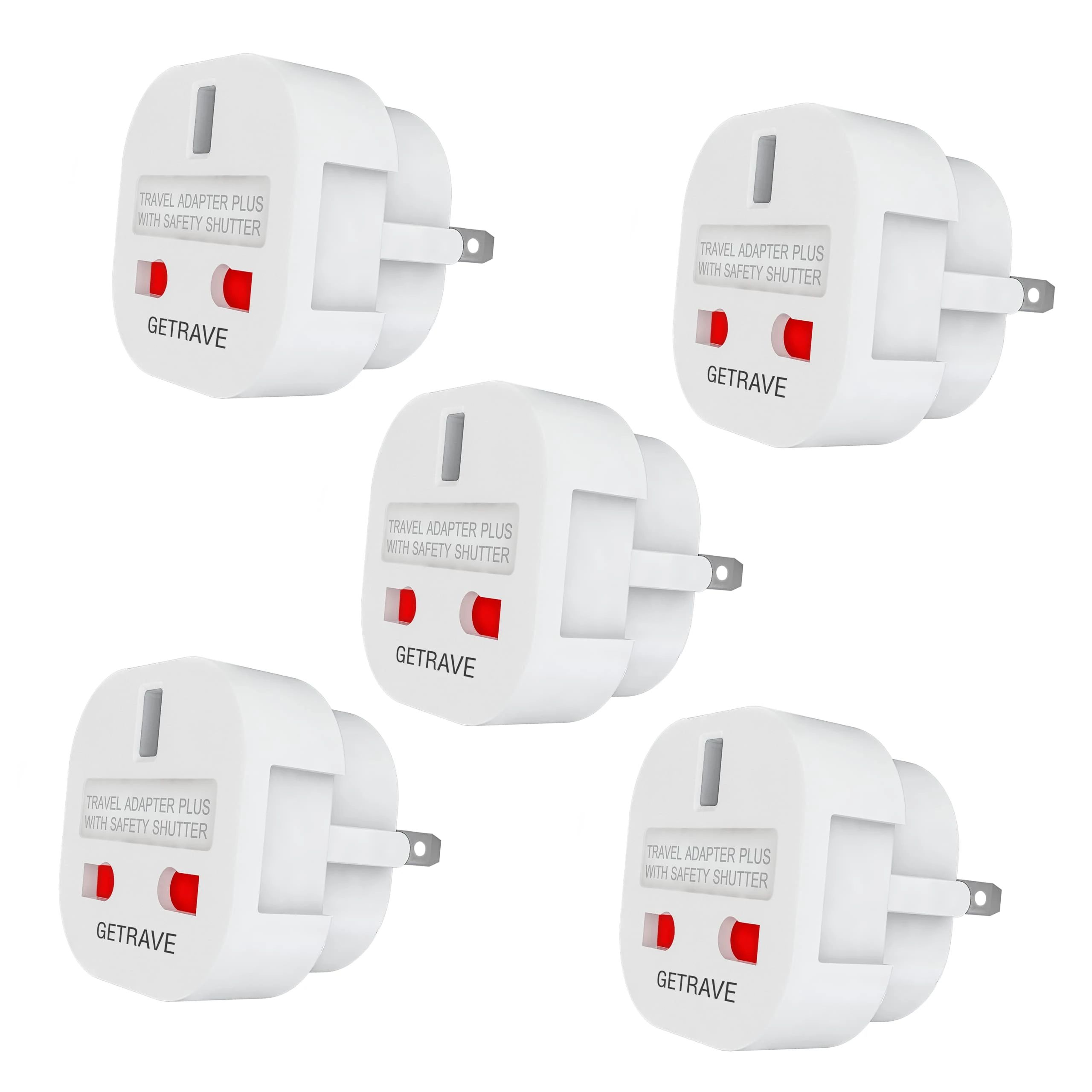 GETRAVE Pack of 5 UK to US Plug Adaptor Type G to Type A and B UK to American, Canada, Australia, Jamaica, Barbados, Mexico, Thailand, China, Japan, Asia Rotatable 2 Pin flat Travel Adapter - White