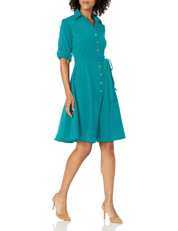 Sharagano Women's Button Front Pleated Shirt Casual Dress, Dark Teal, 6