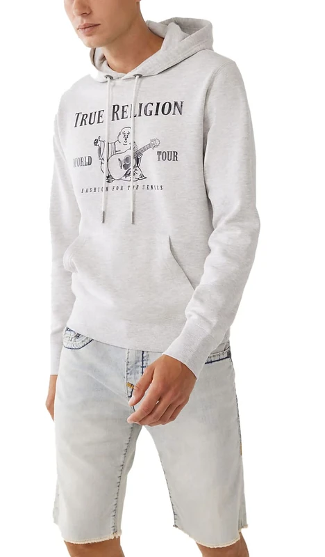 True Religion Men's Metallic Buddha Fleece Hoody, Oatmeal Heather/Metallic Blk, XL