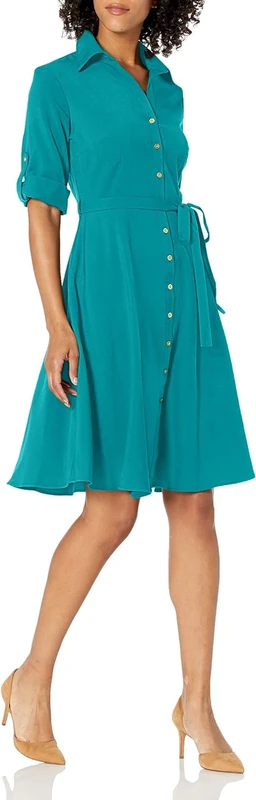 SHARAGANO Women's Button Front Pleated Shirt Dress Casual, Dark Teal, 8 - Image 1