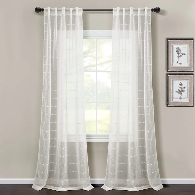 Lush Decor Farmhouse Textured Back Tab/Rod Pocket Sheer Window Curtain Panel Pair, 84" L x 38" W, White