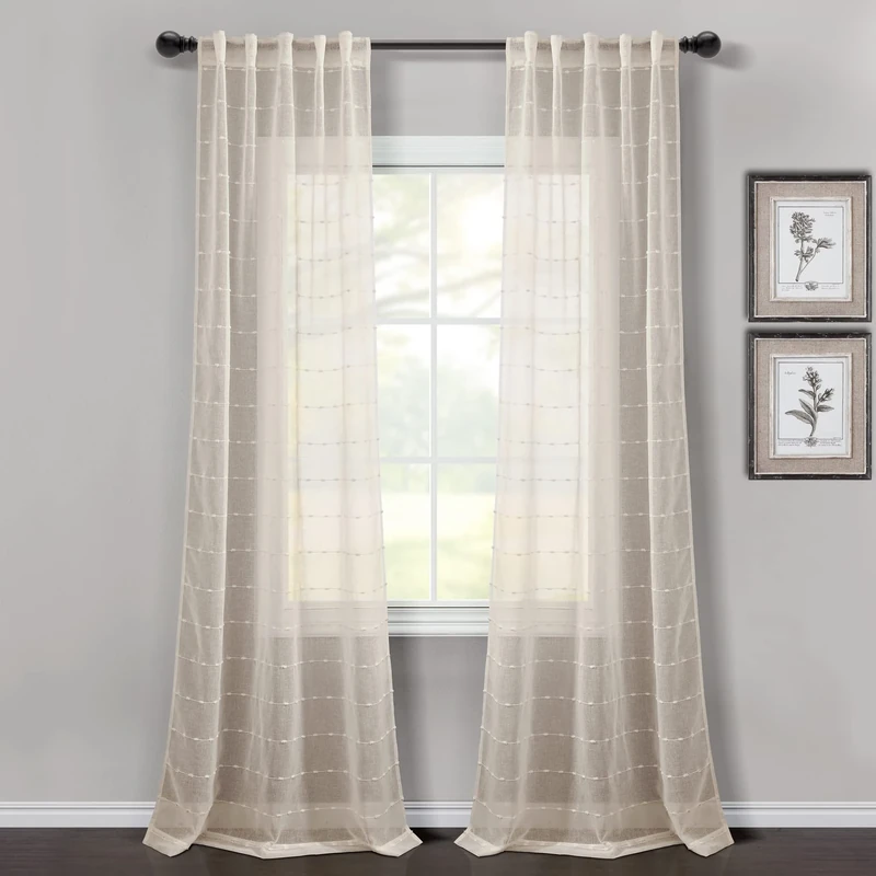 Lush Decor Farmhouse Textured Back Tab/Rod Pocket Sheer Window Curtain Panel Pair, 84" L x 38" W, Beige