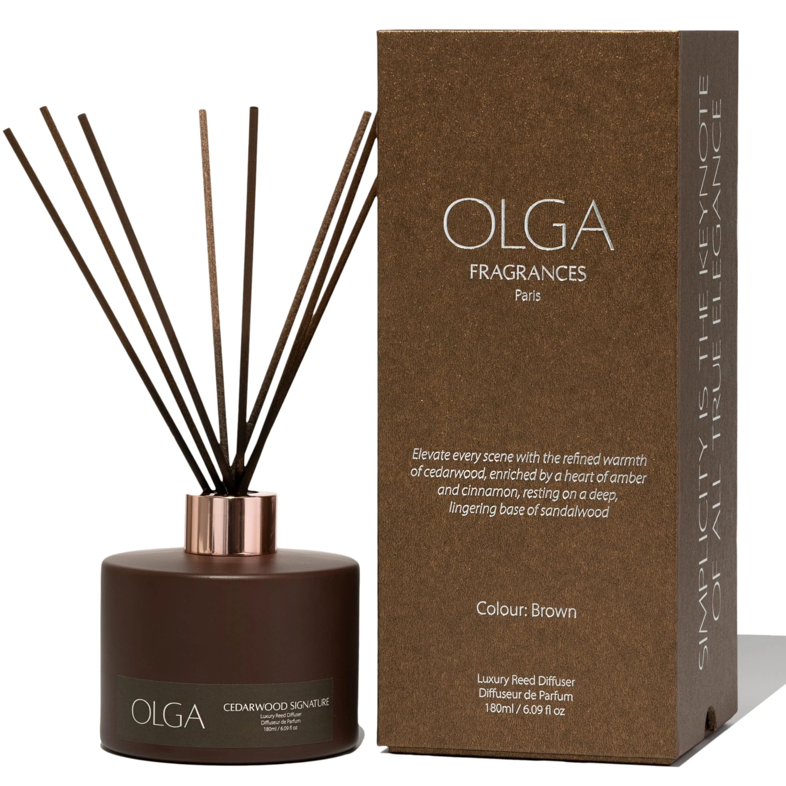 OLGA Reed Diffuser - Limited Edition - 180ml Cedarwood Signature Reed Diffusers for Home with 8 Premium Diffuser Sticks - Large Room Strong Fragrance Aromatherapy Gift Set - Up to 90 Days