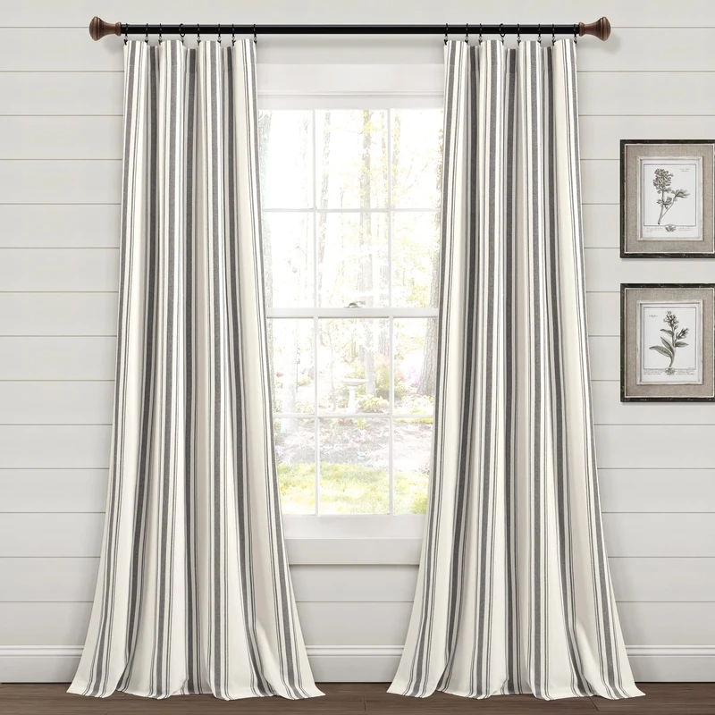 Lush Decor Farmhouse Stripe Yarn Dyed Cotton Window Curtain Panels Dark Gray 42X84 Set