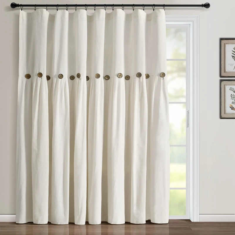 Lush Decor Linen Button Window Curtain Panel, 100" W x 84" L, Off White - Country Style Extra Wide Curtains - Color Block Farmhouse Design for Living Room, Bedroom & Dining Room