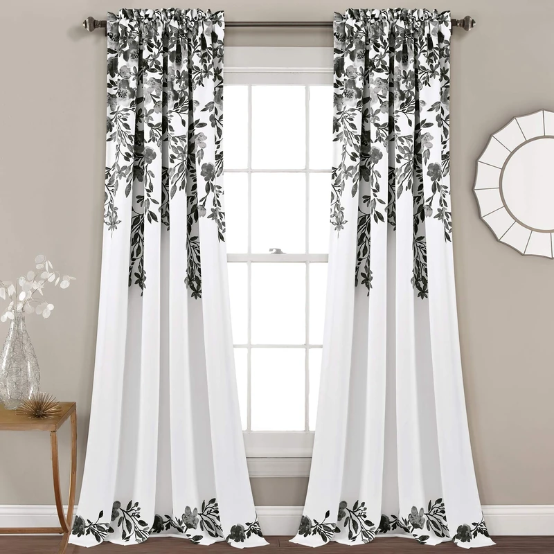 Lush Decor Tanisha Curtains - Light Filtering Window Panel Set, Pair - Floral Vine Print, Beautiful, Modern, Elegant Home Decor - 52" W x 95" L, Black & White