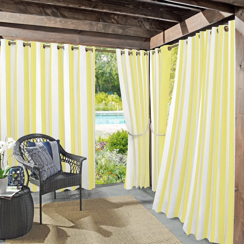 Sun Zero Valencia 2-Pack Cabana Stripe Indoor/Outdoor UV Protectant Energy Efficient Grommet Curtain Panel Pair, Yellow, 54" x 95"
