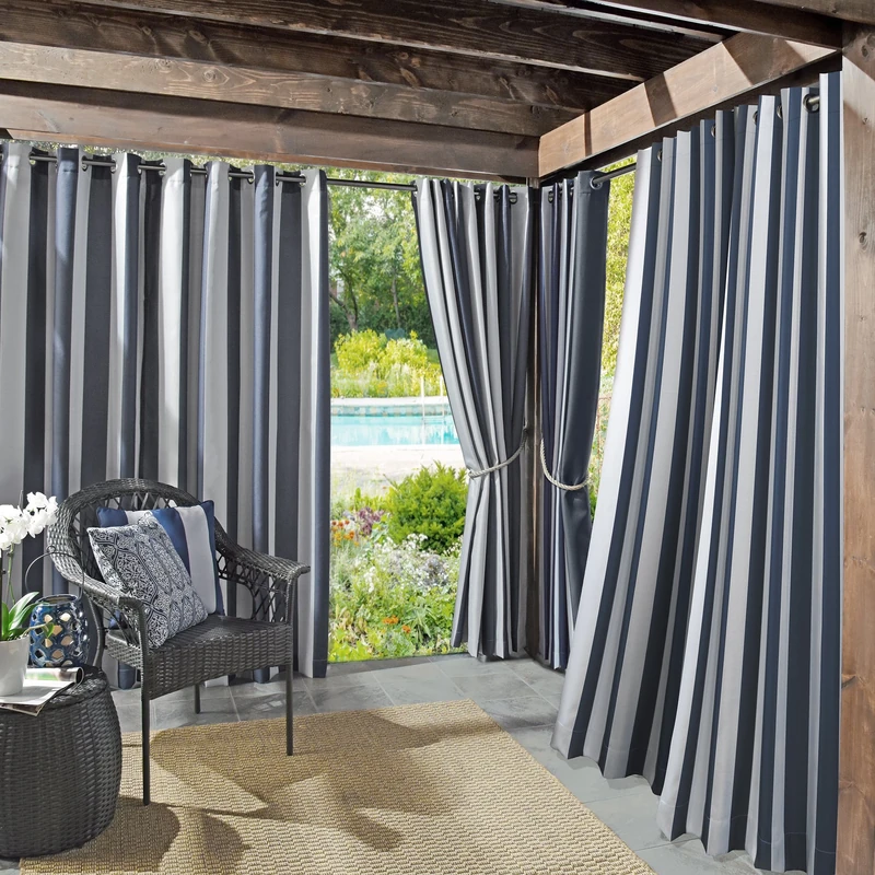 Sun Zero Valencia 2-Pack Cabana Stripe Indoor/Outdoor UV Protectant Energy Efficient Grommet Curtain Panel Pair, 54" x 108", Indigo