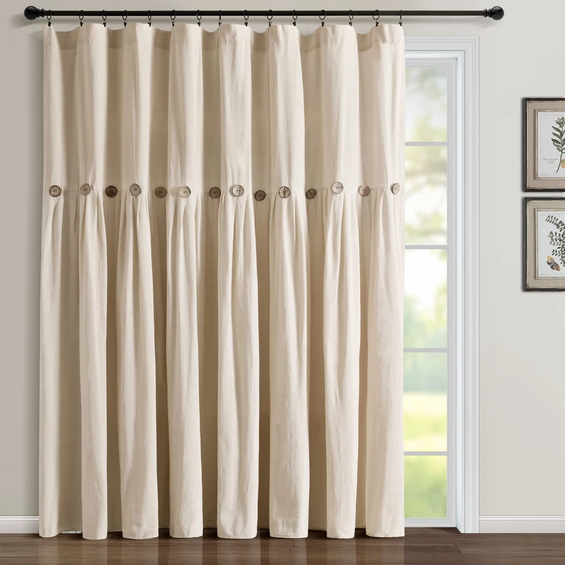Lush Decor Linen Button Farmhouse Curtains, Single Panel, Pleated Two Tone Design 100" W x 84" L, Dark Linen