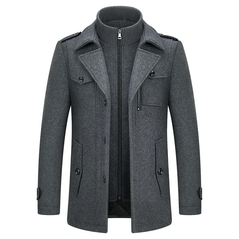 KUDORO Mens Winter Trench Coat Slim Fit Short Wool Coat Jacket Warm Padded Casual Business Overcoat Jacket Thick Peacoat With Removable Collar
