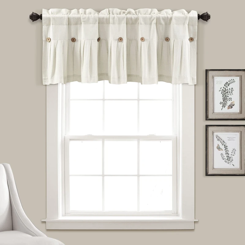Lush Decor Linen Button Farmhouse Valance, 84" W x 18" L, Offwhite - Kitchen Curtains Valances, Rustic Color Block Design With Husk Button