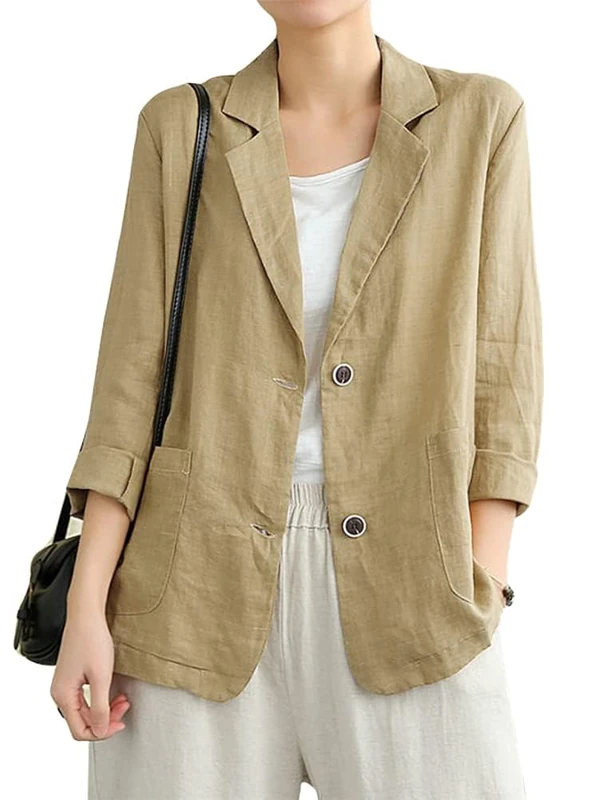 IDEALSANXUN Cotton Linen Blazer for Womens Long Sleeve Loose Casual Blazer Jackets, Khaki, XXL