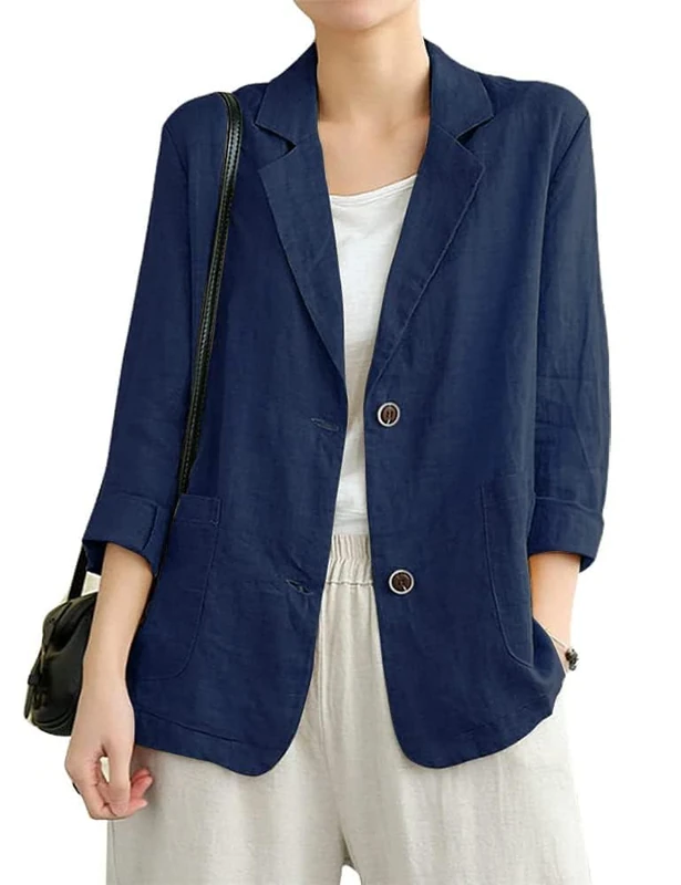 IDEALSANXUN Cotton Linen Blazer for Womens Long Sleeve Loose Casual Blazer Jackets, Navy, Large