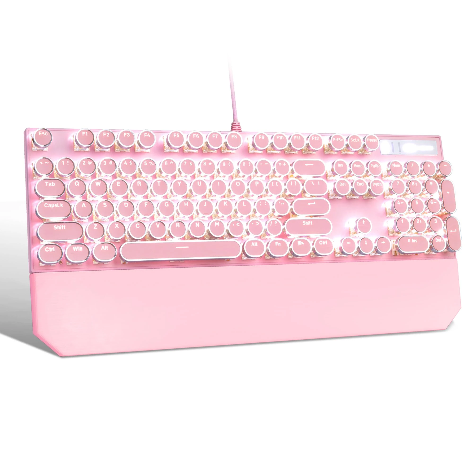 Typewriter Mechanical Gaming Keyboard,Retro Punk Round Keycap with Wire White Backlit Keyboards with Blue Switch for Windows Laptop PC Mac PS4 PS5 Gaming(Pink)