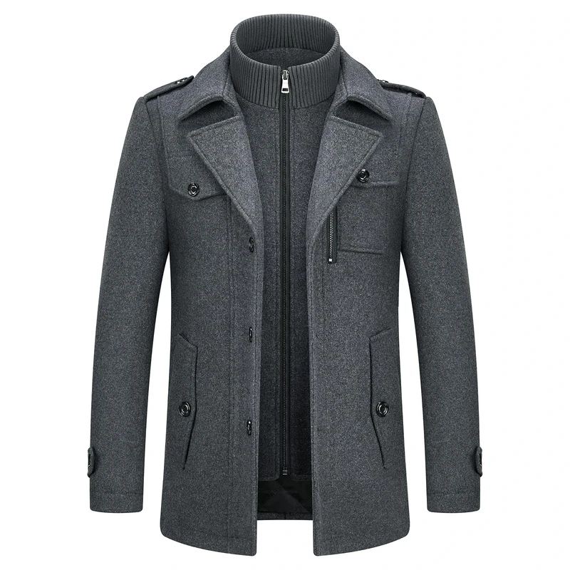 KUDORO Mens Winter Trench Coat Slim Fit Short Wool Coat Jacket Warm Padded Casual Business Overcoat Jacket Thick Peacoat With Removable Collar